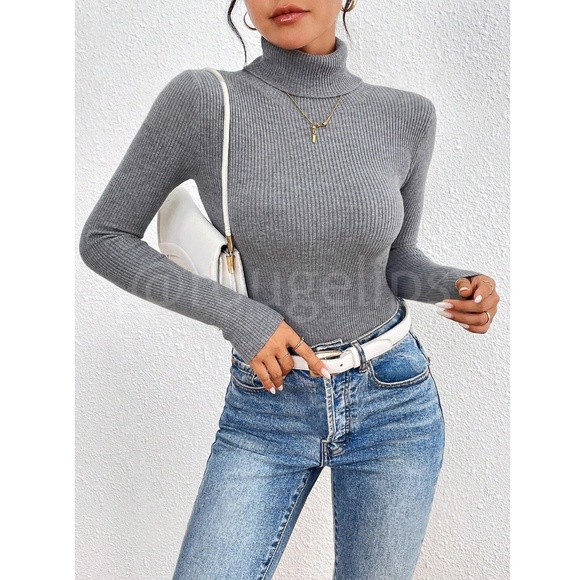 Gray Sweater Top Rib-Knit High Neck, Turtleneck  Long Sleeve Slim Fit - Picture 2 of 8